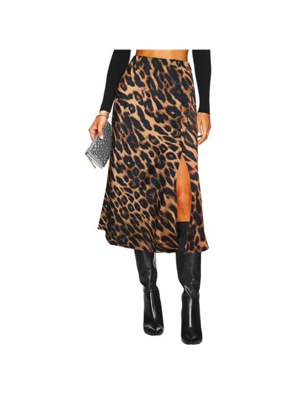 Womens Satin Midi Skirt High Waisted Side Slit A Line Leopard Print Long Skirt